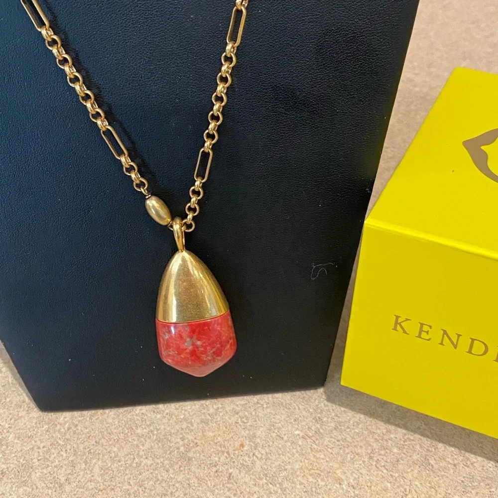 Kendra Scott Freida Vintage Gold Long Pendant Necklace Burnt Sienna Howlite NWT - Picture 2 of 6